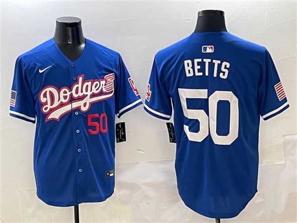 Mens Los Angeles Dodgers #50 Mookie Betts Royal With American Flag Patch Limited Stitched Jersey